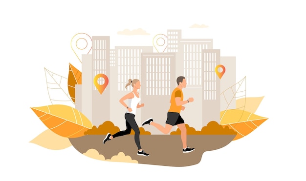 Young man and woman run in the city park A sporty healthy lifestyle Runners run in the city park Vector illustration