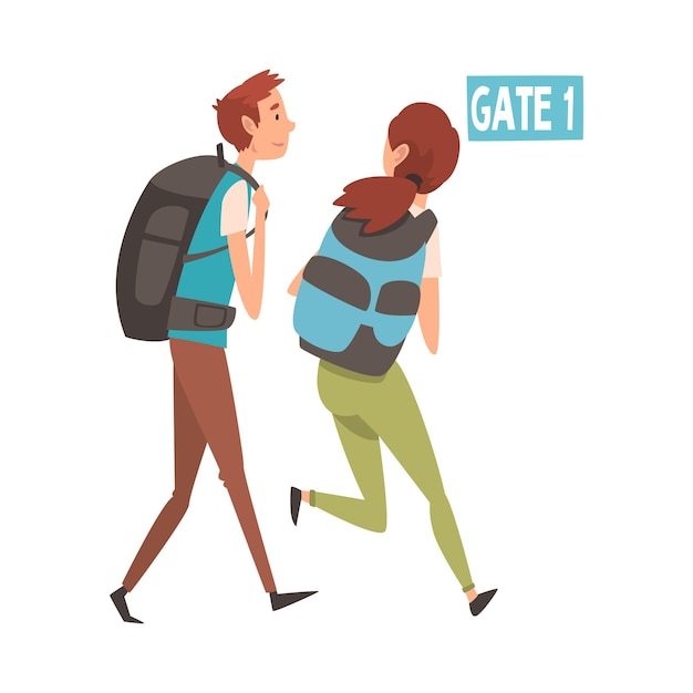 Young Man and Woman Running with their Backpacks to Catch Flight Passengers in Hurry at Airport Vector Illustration on White Background