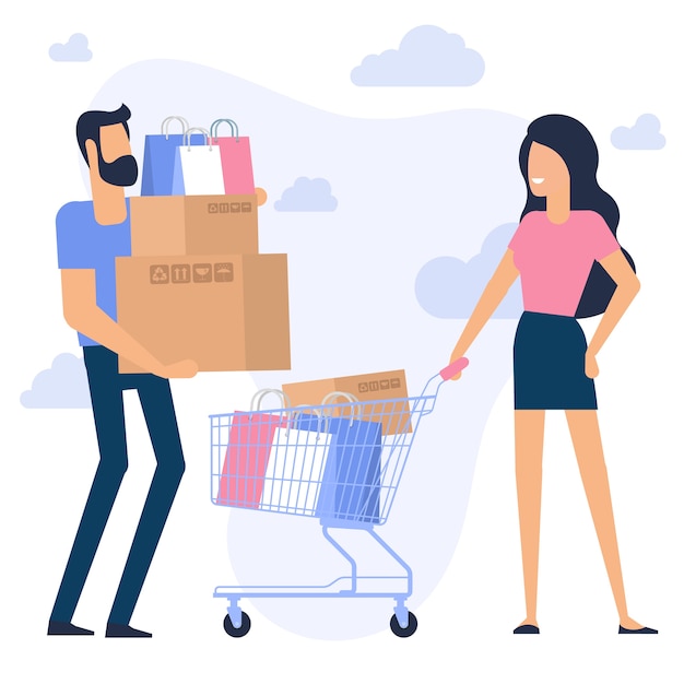 Young man and woman at shopping Flat desin  concept Ready for animation characters and design elements with shopping bags and boxes