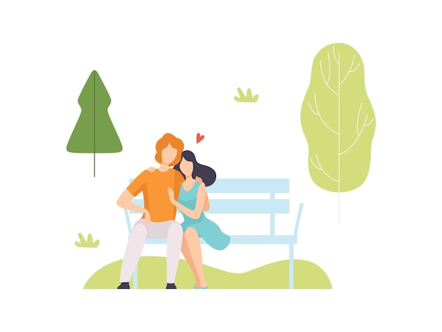 Vector young man and woman sitting on bench in park people relaxing and enjoying nature outdoors vector