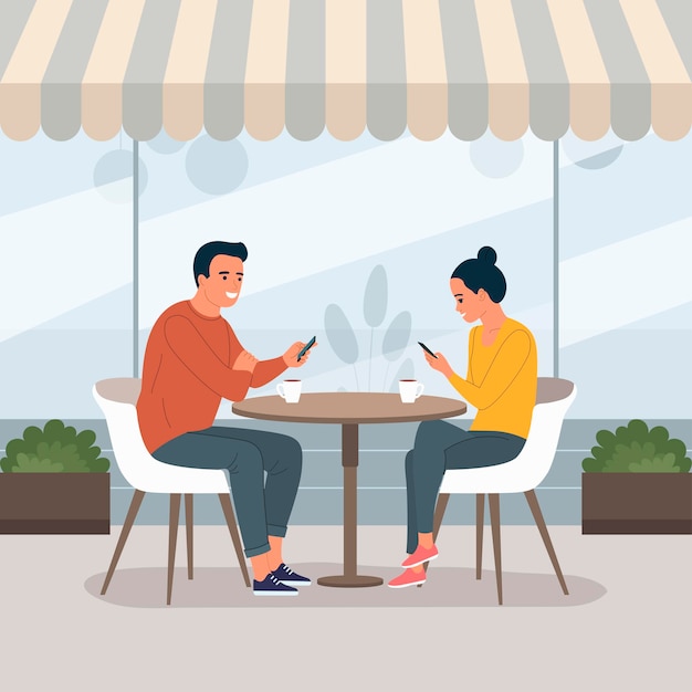 Young man and woman sitting on the chairs with smartphones in the cafe Vector flat illustration