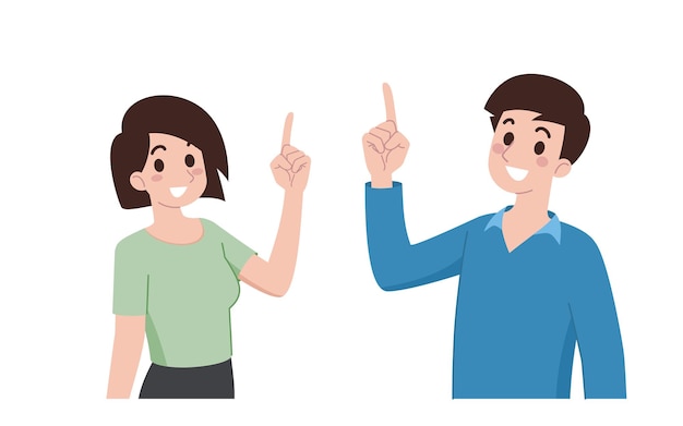 A young man and a woman smile and point gesture their finger on direction up to show a product or a banner about an advertisement Cartoon characters pointing in various poses