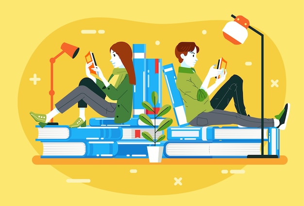 Young man and women reading a book while siiting on the stack of books, illustration for international literacy day. used for poster, web image and other