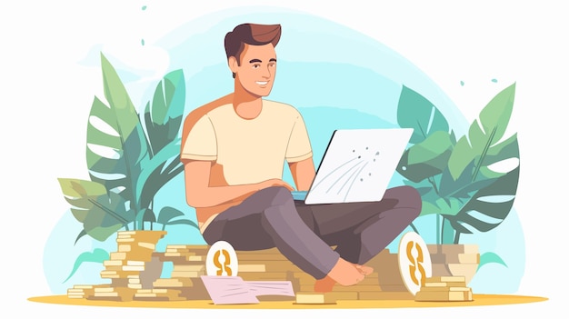 Vector young man working from home with laptop