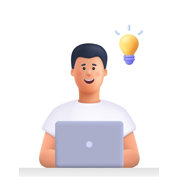 Young man working on the laptop computer and having a idea Freelance job creativity innovation and business idea concept 3d vector people character illustration Cartoon minimal style