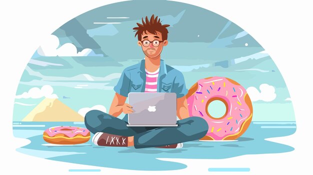 Vector young man working on laptop and enjoying donut with tea