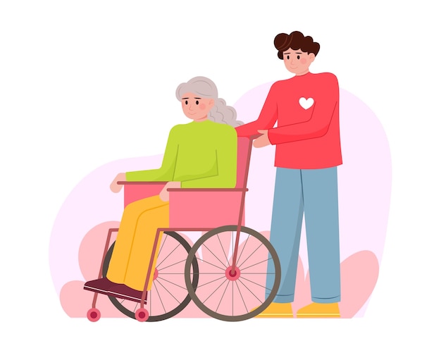 Young man working in volunteering organization carrying lady in wheelchair Cartoon character helping old people Working in donation and charity center Flat vector illustration in red colors