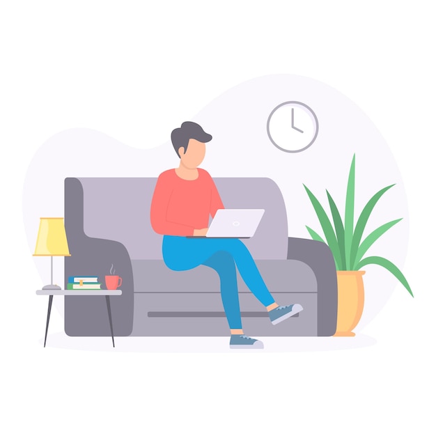 Young man works on the computer on the couch Vector flat style illustration