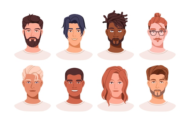 Young men faces avatars. Handsome modern guys, diverse head portraits. Fashion trendy male characters set, stylish haircuts, beard, mustache. Flat vector illustration isolated on white background.