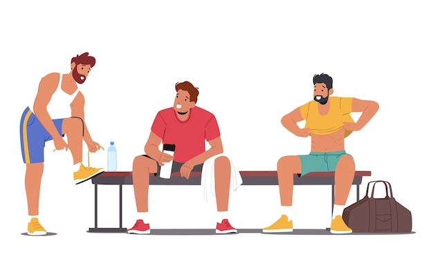 Young Men Sitting on Bench in Sports Locker Room Athlete Male Characters Drink Water Change Clothes before Training