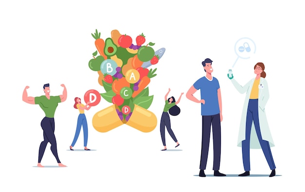 Young Men and Women Characters Apply Nutritional Supplement or Vitamins, Healthy Lifestyle and Organic Food Nutrition, Fresh Natural Fortified Products, Health Care. Cartoon People Vector Illustration