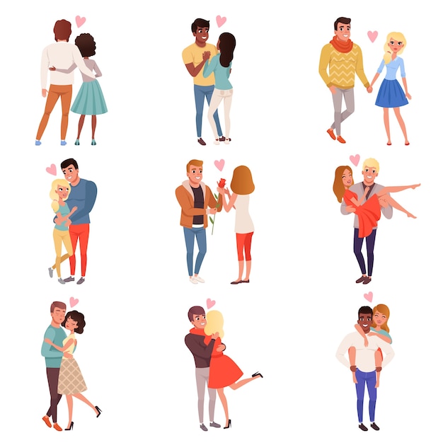 Young men and women characters in love hugging set