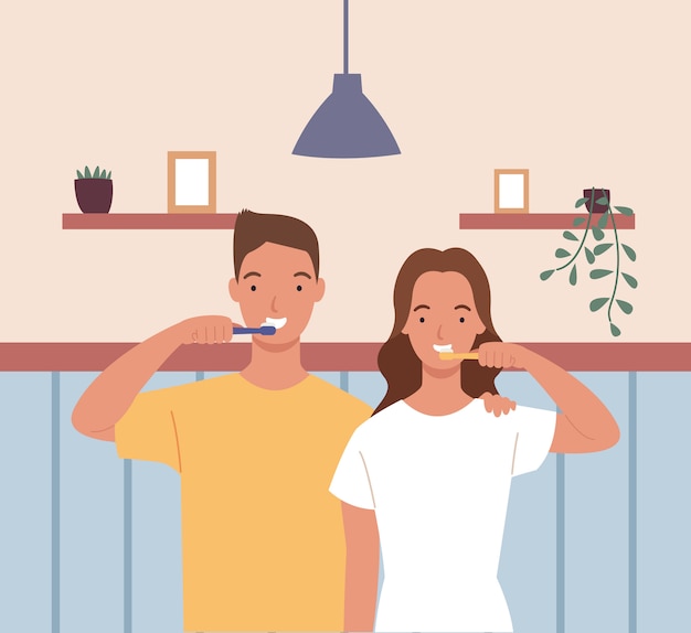 Young men and women or couples are brushing teeth together in the bathroom. illustration in a flat style