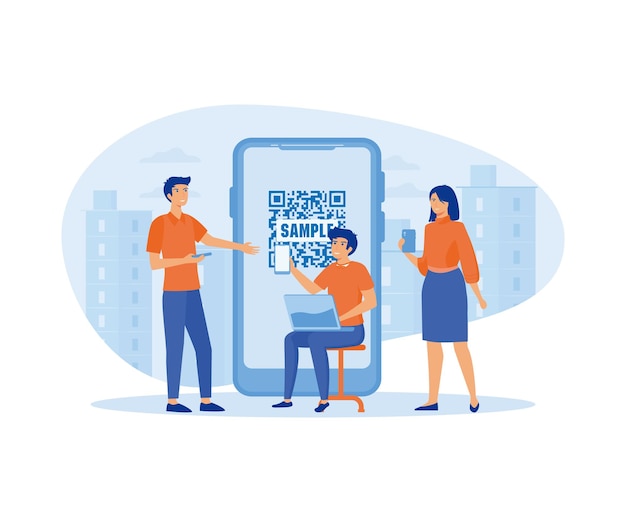 Vector young men and women standing near big smart phone with qr symbol on screen