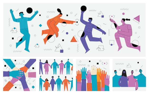 Young men and women with abstract geometric shapes Team building and teamwork concept Business partnership cooperation and communication Modern flat cartoon style