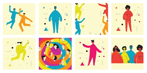 Young men and women with abstract geometric shapes Team building and teamwork concept Business partnership cooperation and communication Modern flat cartoon style