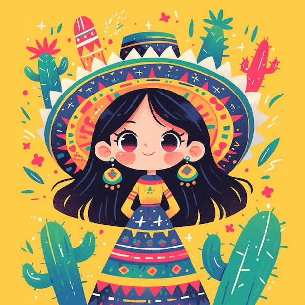 A young Mexican girl celebrates Childrens Day cartoon style