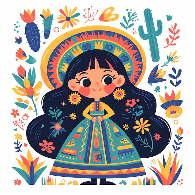 A young Mexican girl celebrates Childrens Day cartoon style