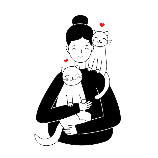 Young modern girl hugs cat Vector illustrations in trendy flat monochrome style