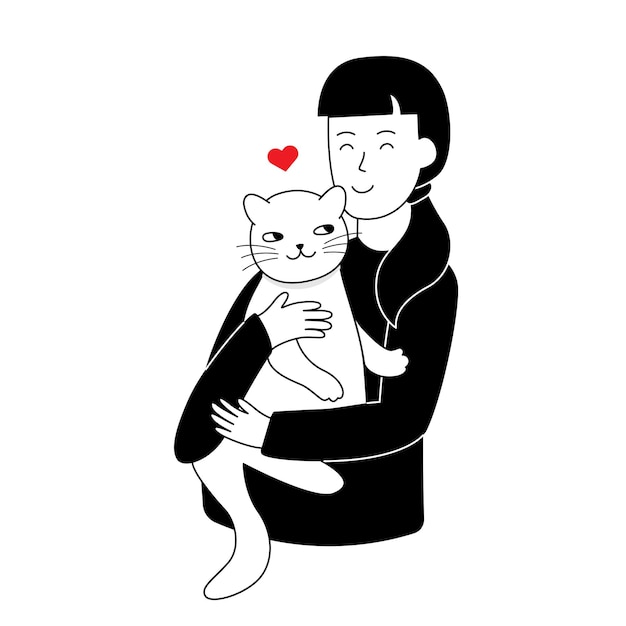 Young modern girl hugs cat Vector illustrations in trendy flat monochrome style