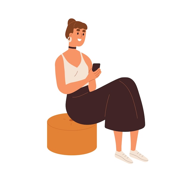 Young modern woman sitting with mobile phone, texting. Happy smiling girl holding smartphone, surfing internet, using social networks. Flat vector illustration isolated on white background