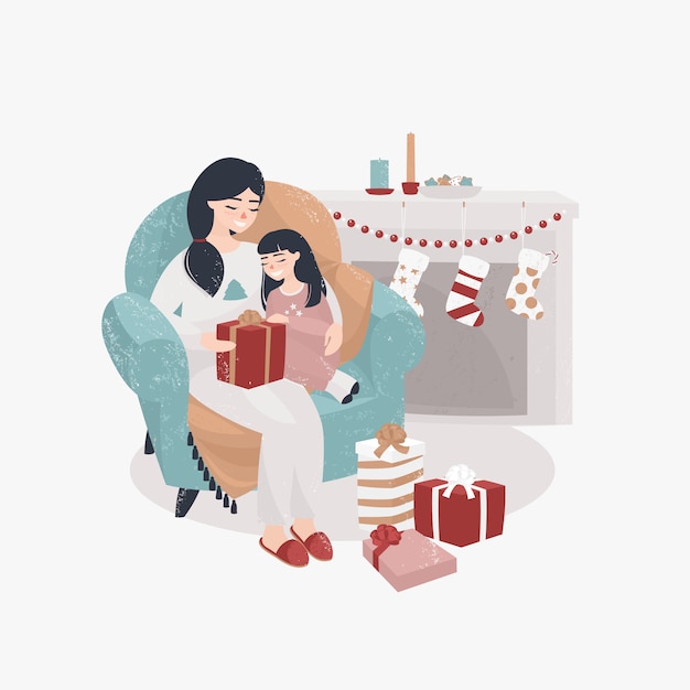 Vector young mother and daughter sit in a chair by the fireplace and open christmas presents