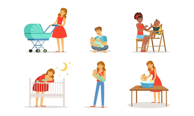 Vector young mother and father nursing their little baby bottle feeding and bathing vector set