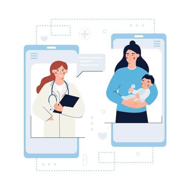 Young mother having video call meeting with therapist via smartphone Modern online healthcare services Process of giving remote consultations to patients Vector flat illustration in blue colors