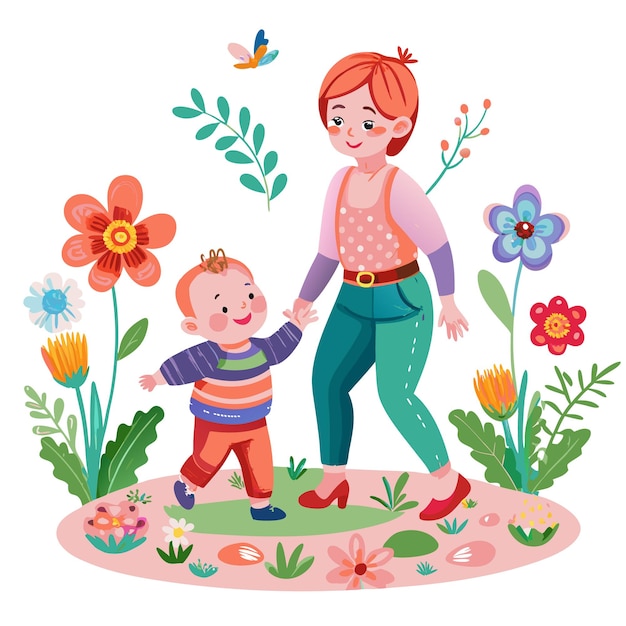 A young mother and her son walk through a colorful garden