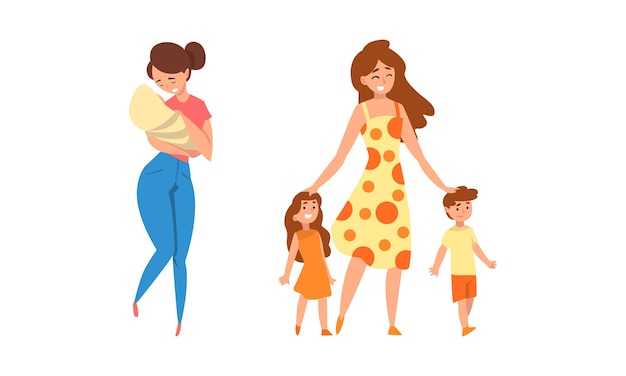 Vector young mother holding baby with arms and walking with her little children vector set