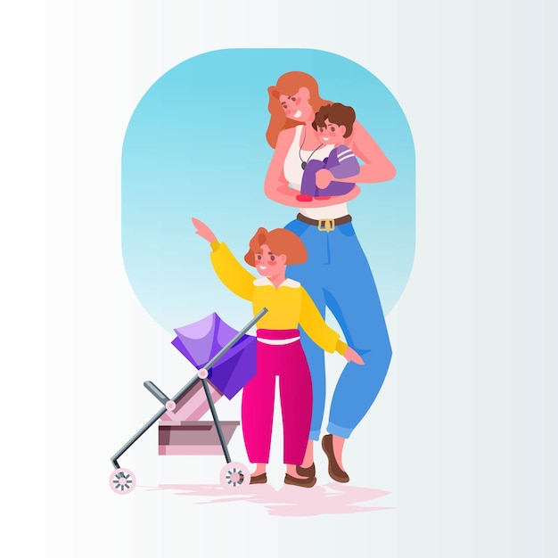 young mother walking with little children happy family motherhood concept full length vector illustration