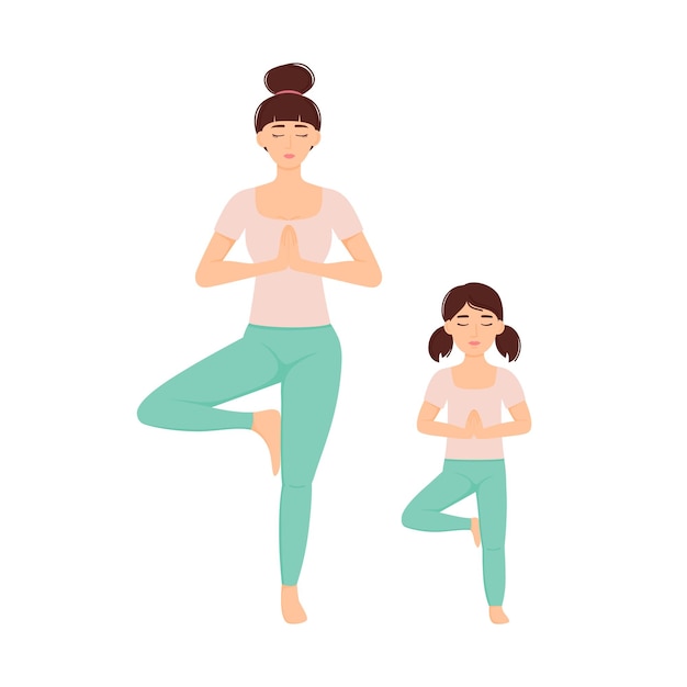 Young mother with daughter doing yoga exercise tree pose Motherhood concept Family yoga vector illustration