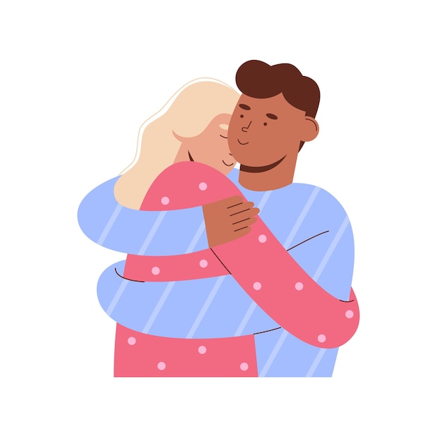 Young multiethnic couple embracing Mixed race relationships concept Flat vector illustration