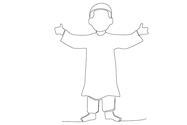 A young Muslim boy giving a greeting in Ramadan one line art