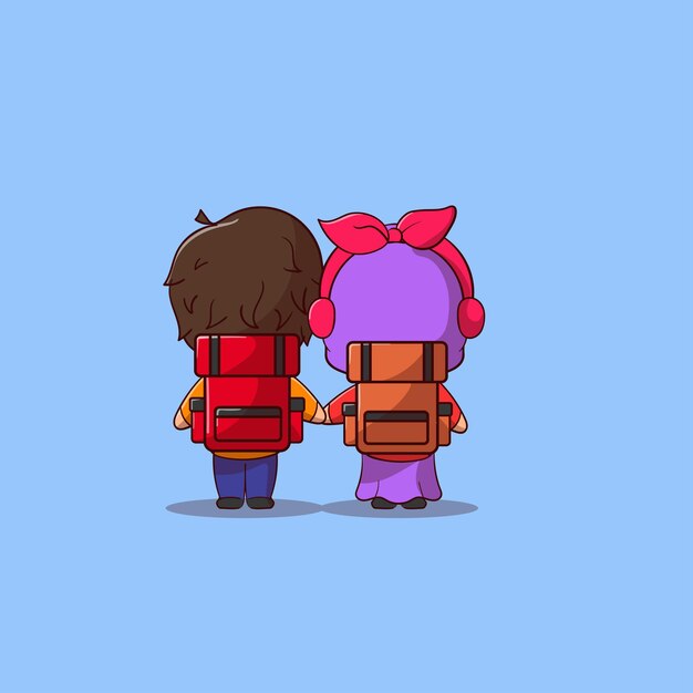 Vector young muslim couple while carrying backpack traveling together flat cartoon cute style