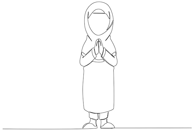 A young muslim girl in hijab giving greetings to celebrate Eid alFitr one line art