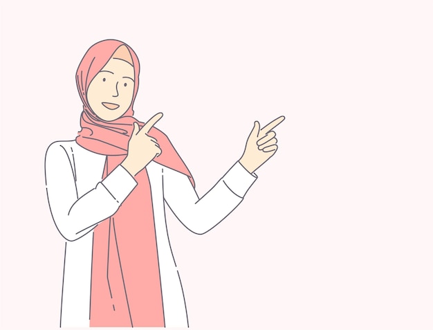 Young muslim girl wearing hijab over isolated pink background pointing finger hand drawn illustration concept.