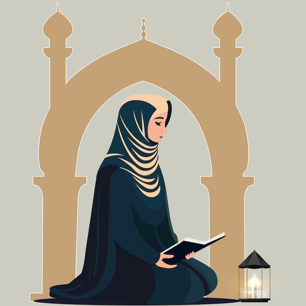 Young Muslim Woman Character Reading Quran Book In Sitting Pose And Illuminated Arabic Lamp On Mosque Background