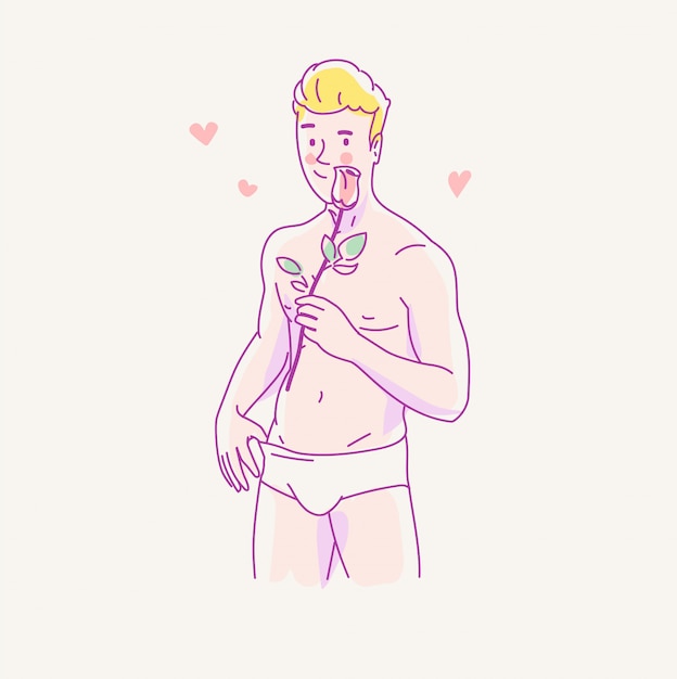 Young naked man holding a rose in his hand and congratulates Women's Day