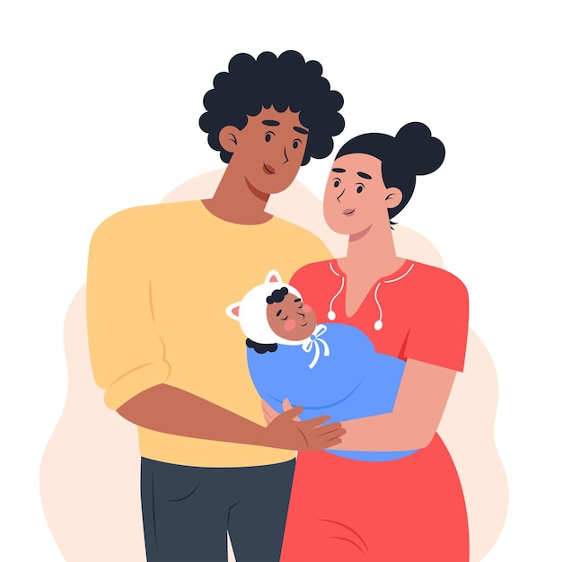 Young parents are holding a small child