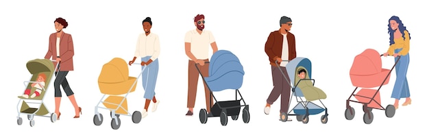 Young Parents Walk with Carriages Mothers and Fathers Push Prams with Newborn or Toddler Babies Isolated on White Background Dads or Moms Characters Walk with Strollers Cartoon Vector Illustration