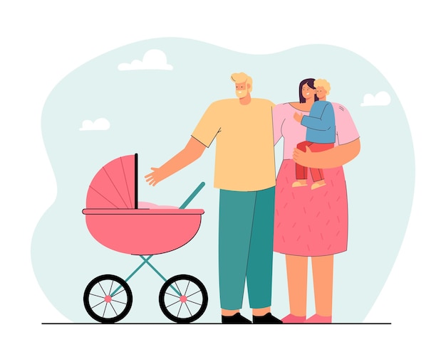 Young parents walking with little children. Flat vector illustration