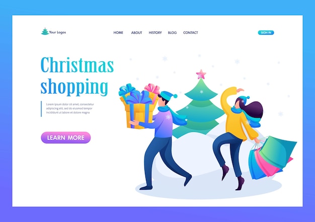 Young people are engaged in buying Christmas gifts winter entertainment Flat 2D character Landing page concepts and web design