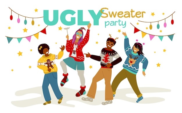 Young people in Christmas sweaters are dancing Ugly sweater party