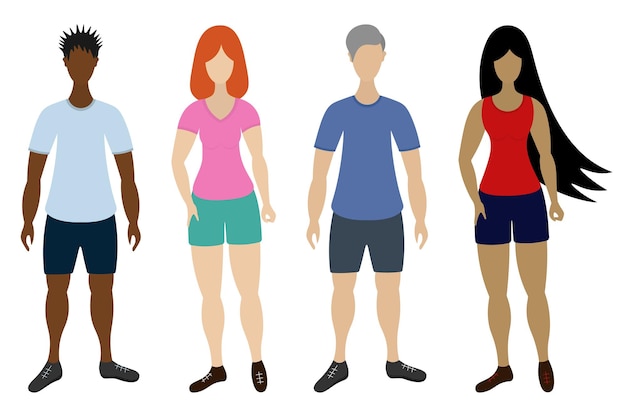 Young people of different cultures and skin tones men and women in sportswear