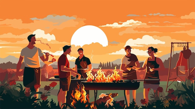 Vector young people enjoying outdoor barbecue party vector illustration