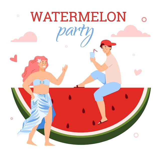 Young people enjoying summer watermelon party a flat cartoon vector illustration