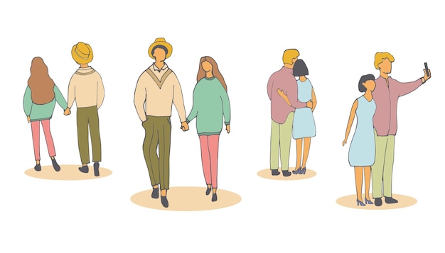 Young people hold hands, take selfies, walk. Vector hand-drawn illustration.