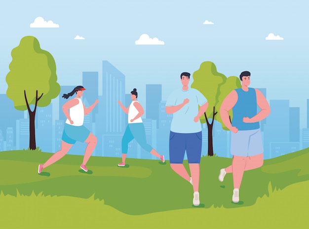 Young people marathoners running in the park, women and men, run competition or marathon race illustration