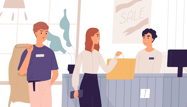 Young people in outlet shop purchasing clothes. Cashier at checkout counter and customers standing in queue. Man and woman shopping at fashion boutique, clothing store. Flat vector illustration.